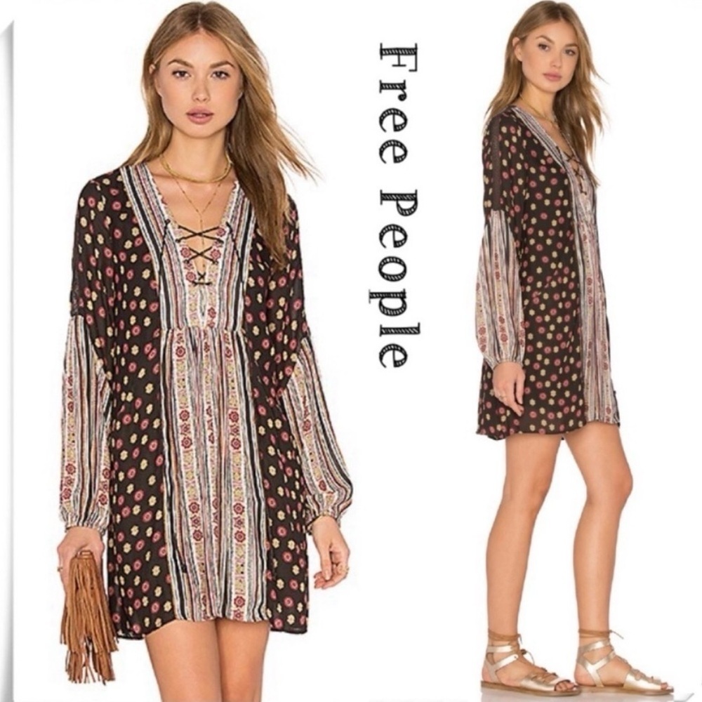 Free People Black and Pink Long Sleeve Dress